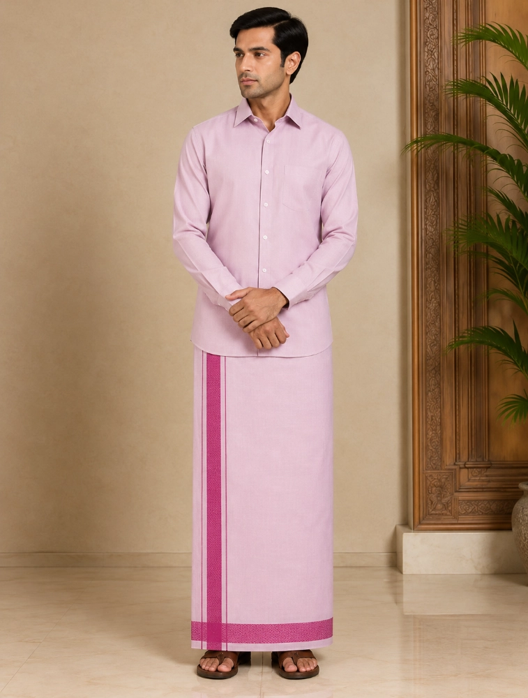 Baby Pink Mens Premium Plain Tissue Silk Shirt and Dhoti Set