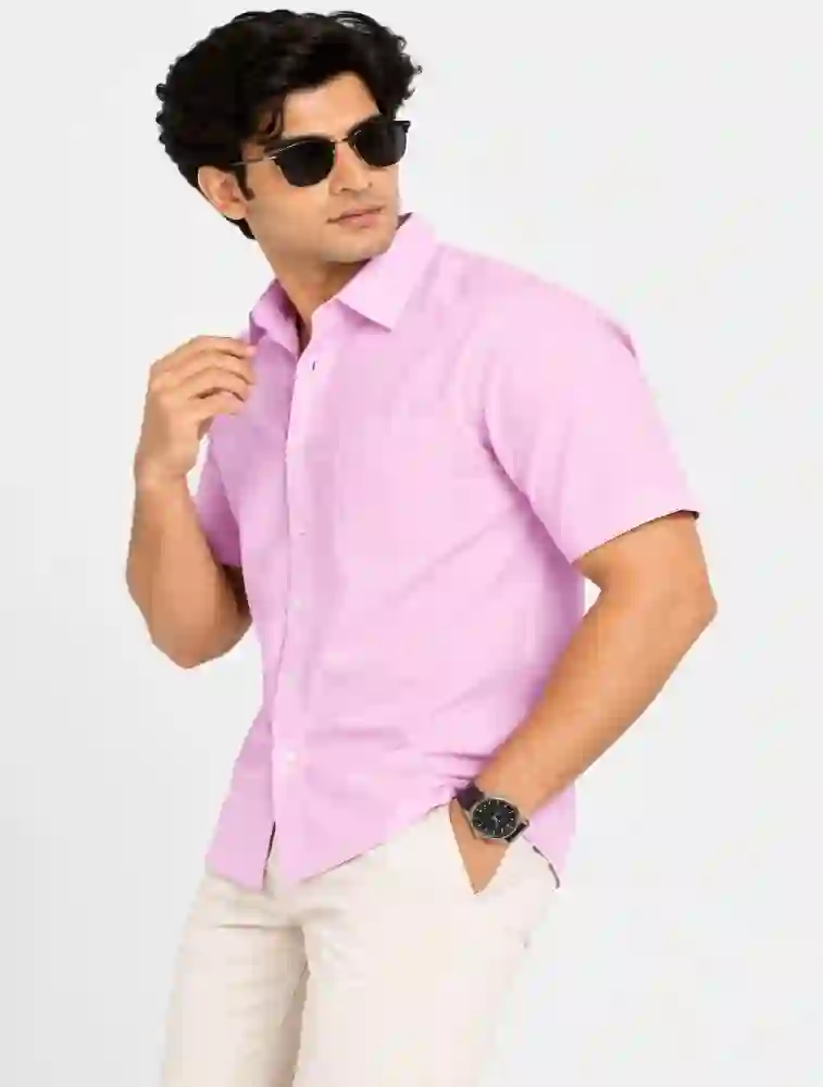 Baby Pink Mens Slim Fit Solid Casual Shirt