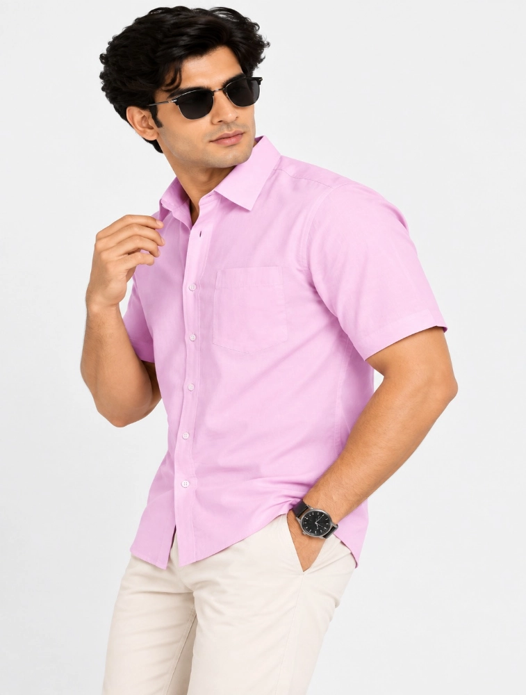 Baby Pink Mens Slim Fit Solid Casual Shirt