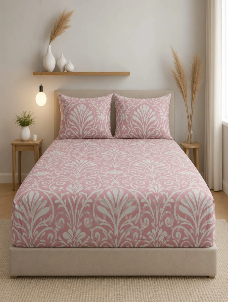Baby Pink with White Elasticated King Sized Bedsheet and Pillow Covers Set