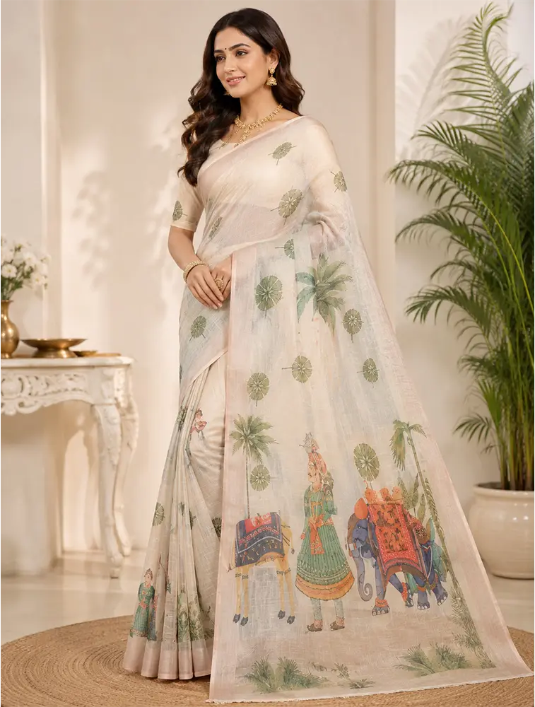 Beige  Womens Elegant Linen Cotton Sarees