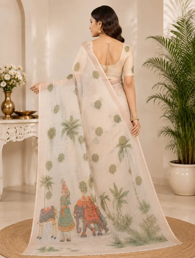 Beige  Womens Elegant Linen Cotton Sarees — bulk from ₹1956