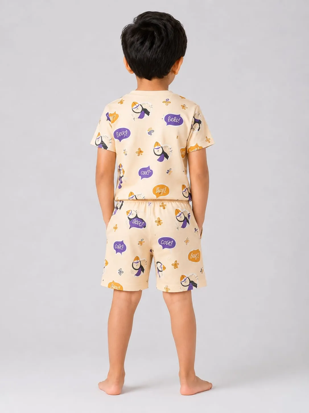 Beige Boys Premium Printed T Shirts And Shorts Set