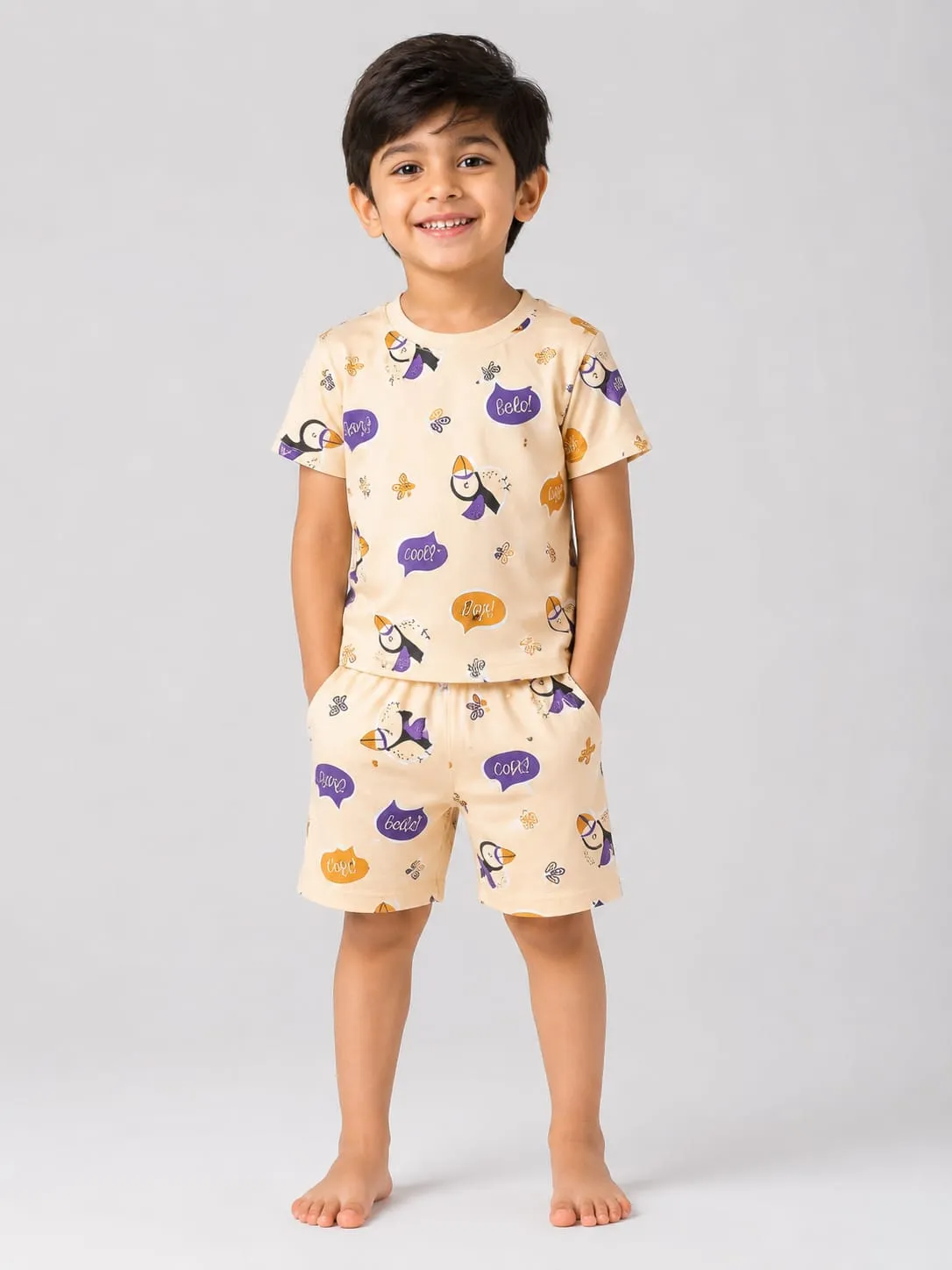 Beige Boys Premium Printed T Shirts And Shorts Set