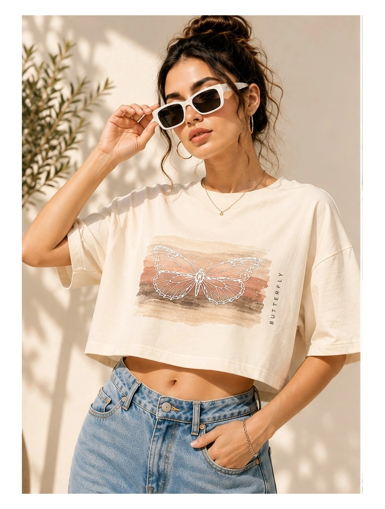 Beige Butterfly Printed Womens CropTop