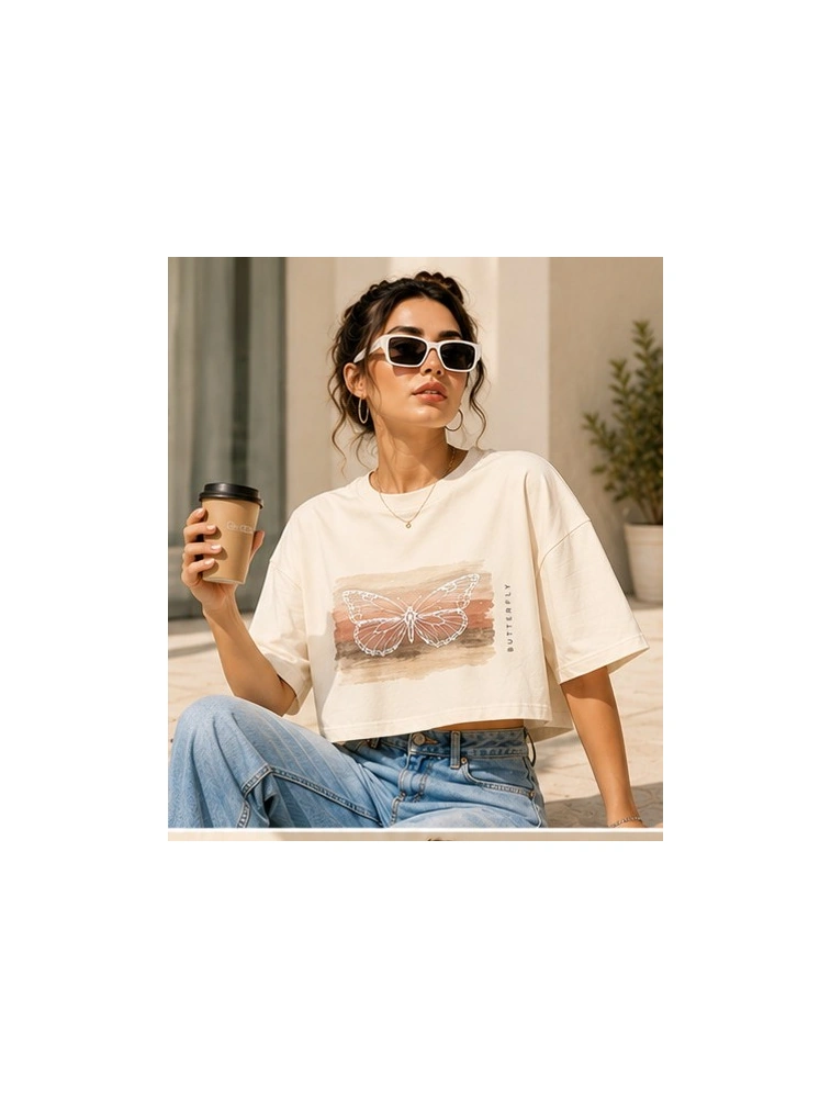 Beige Butterfly Printed Womens CropTop — bulk from ₹392