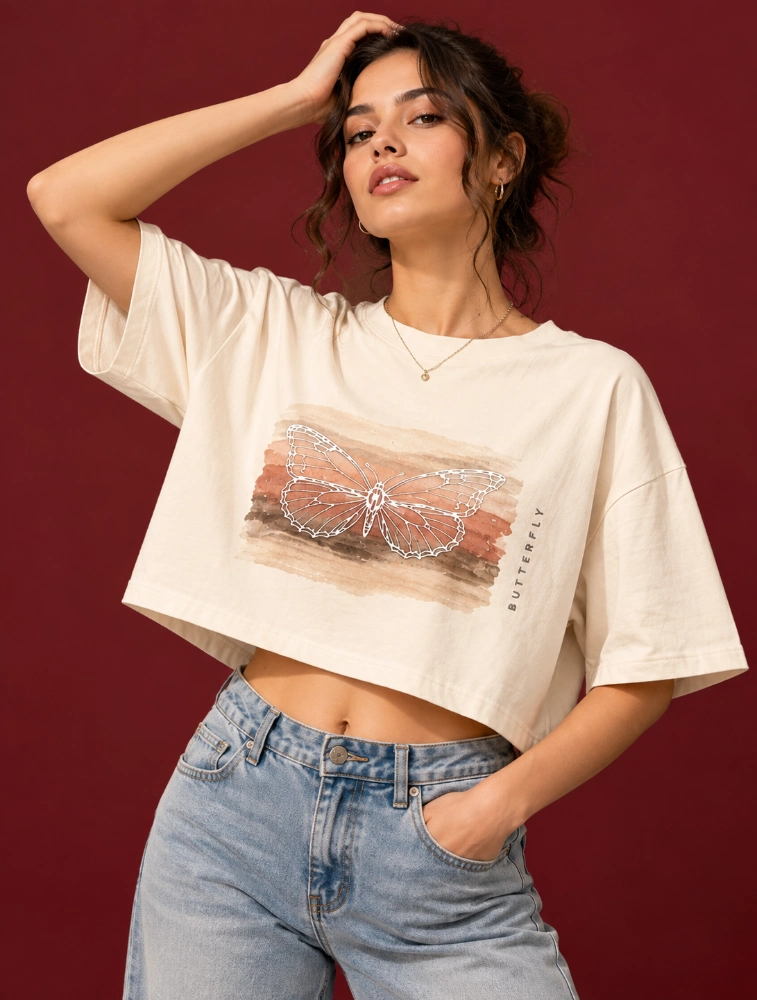 Beige Butterfly Printed Womens CropTop