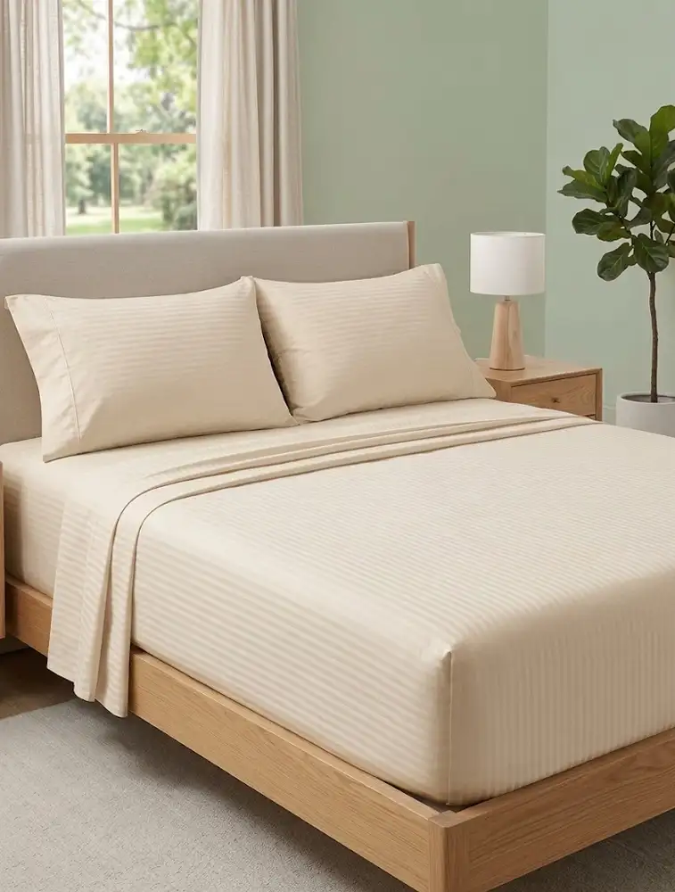 Beige Cotton 110 GSM 300 TC Queen Size Bedsheet Set with Pillow Cover