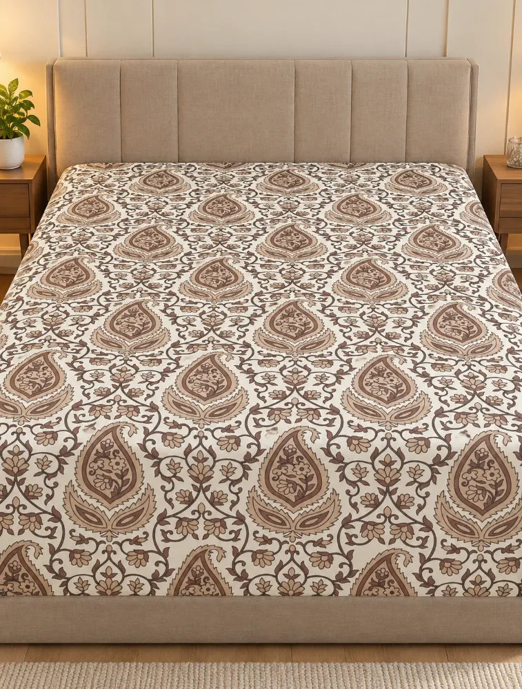 Beige Cotton Printed Double Bed King Size Bedsheet