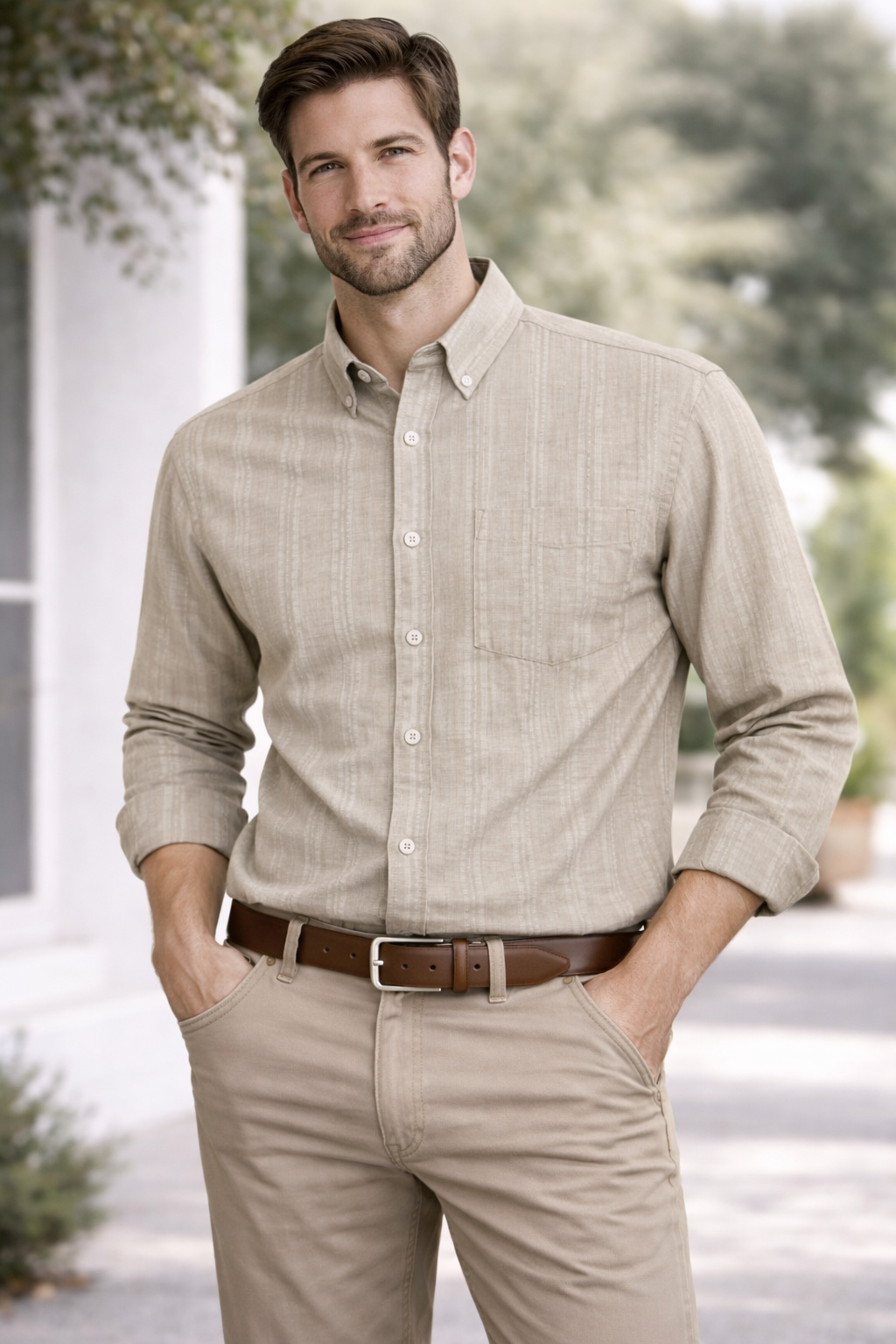 Beige Dobby Cotton Full Sleeve Shirts