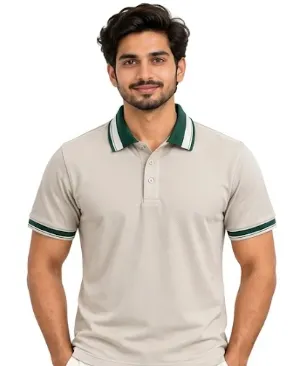 Beige Dri Fit Mars 200 GSM Polo T Shirt with Green Dual Tipping Collar and Cuff