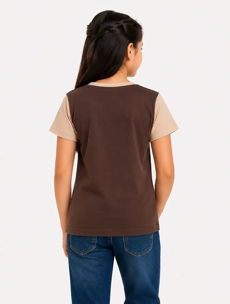 Beige Girls Casual Graphic TShirt with Contrast Side Panels