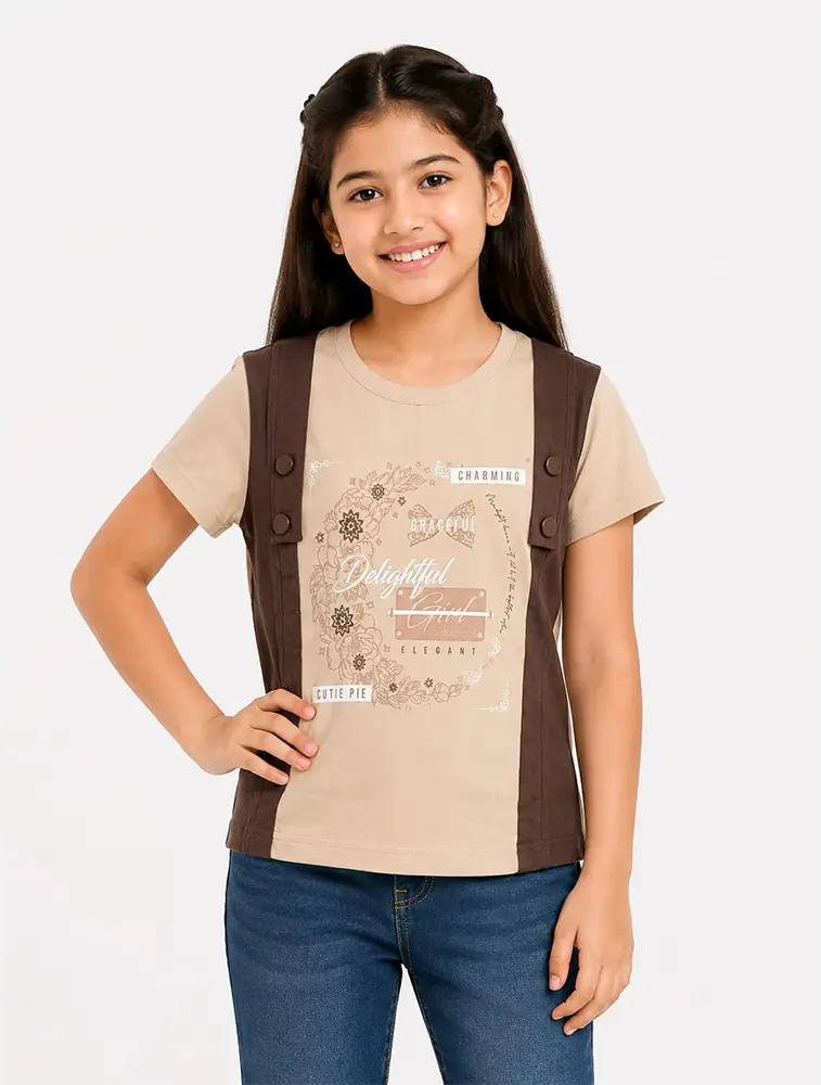 Beige Girls Casual Graphic TShirt with Contrast Side Panels