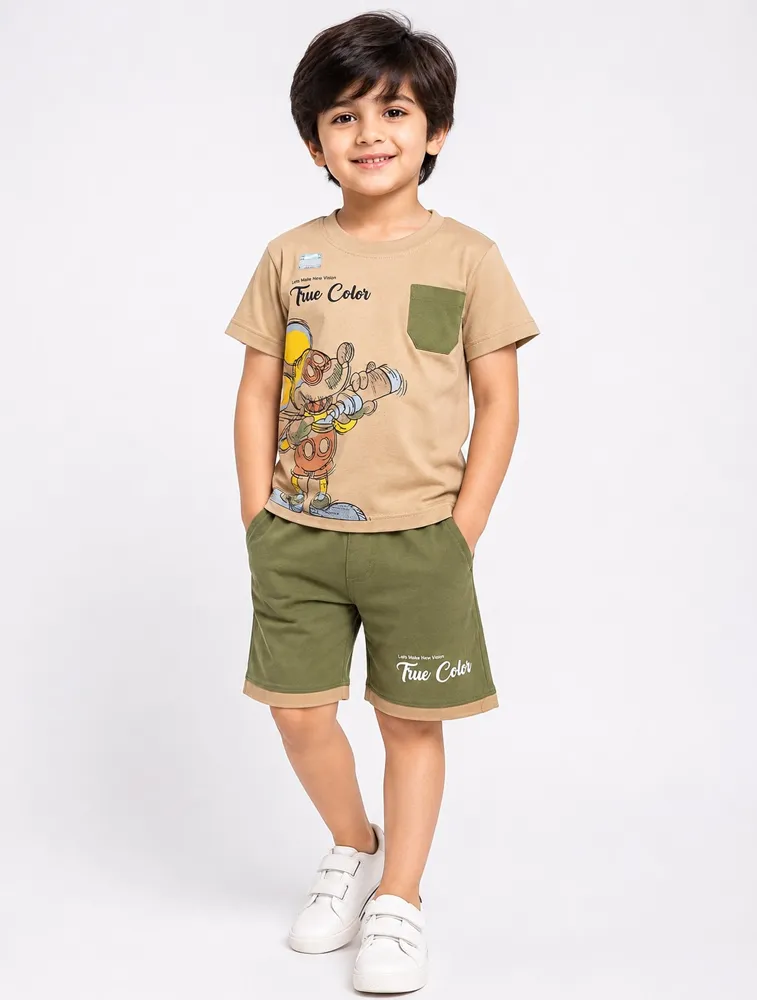 Beige Kids Printed T shirt With Shorts Set