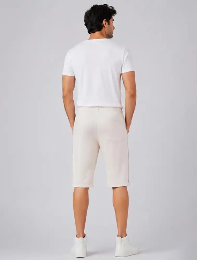 Beige Men Cotton 3/4 Shorts With Drawstring 