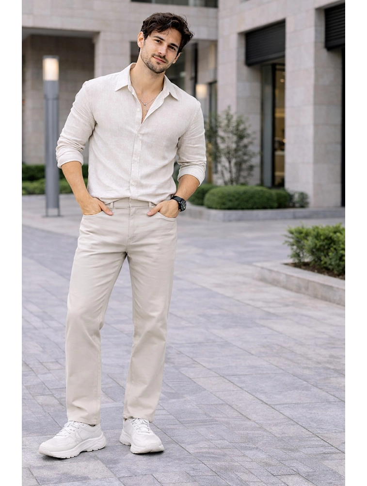 Beige Men Cotton Chino Pants