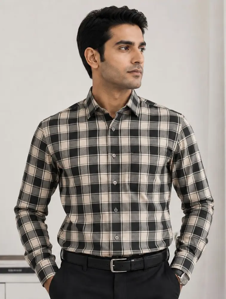  Beige Men s Cotton Full Sleeve Check Shirt     