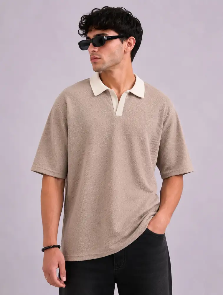 Beige Mens Popcorn Half Sleeve Polo T Shirt