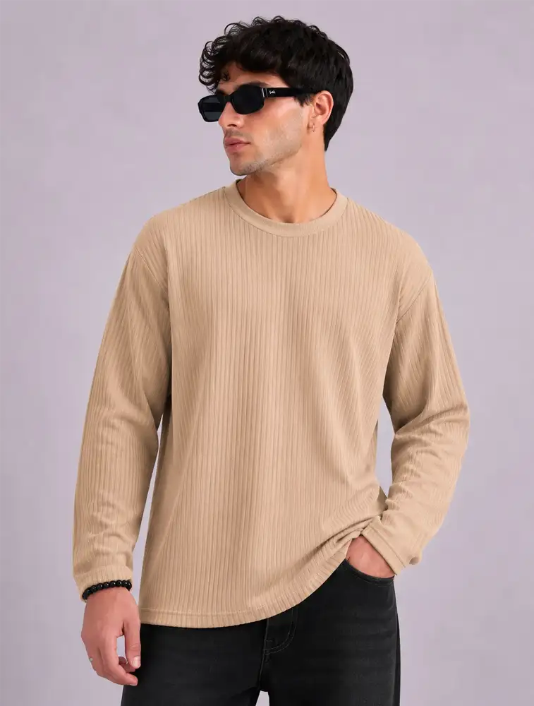 Beige Mens Popcorn Round Neck Full Sleeve