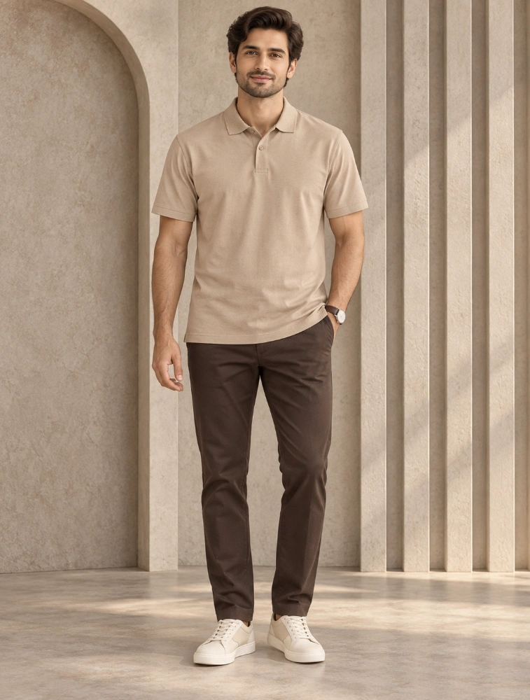 Beige Mens Premium Eco Blend 240 GSM Polo T Shirt With White Jacquard Collor With Contrast Tipping