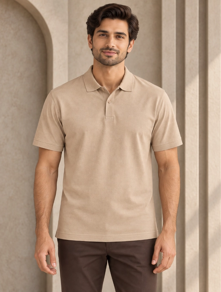Beige Mens Premium Eco Blend 240 GSM Polo T Shirt With White Jacquard Collor With Contrast Tipping