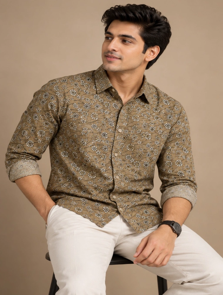 Beige Mens Premium Slim Fit Printed Shirt