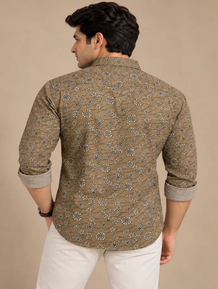Beige Mens Premium Slim Fit Printed Shirt
