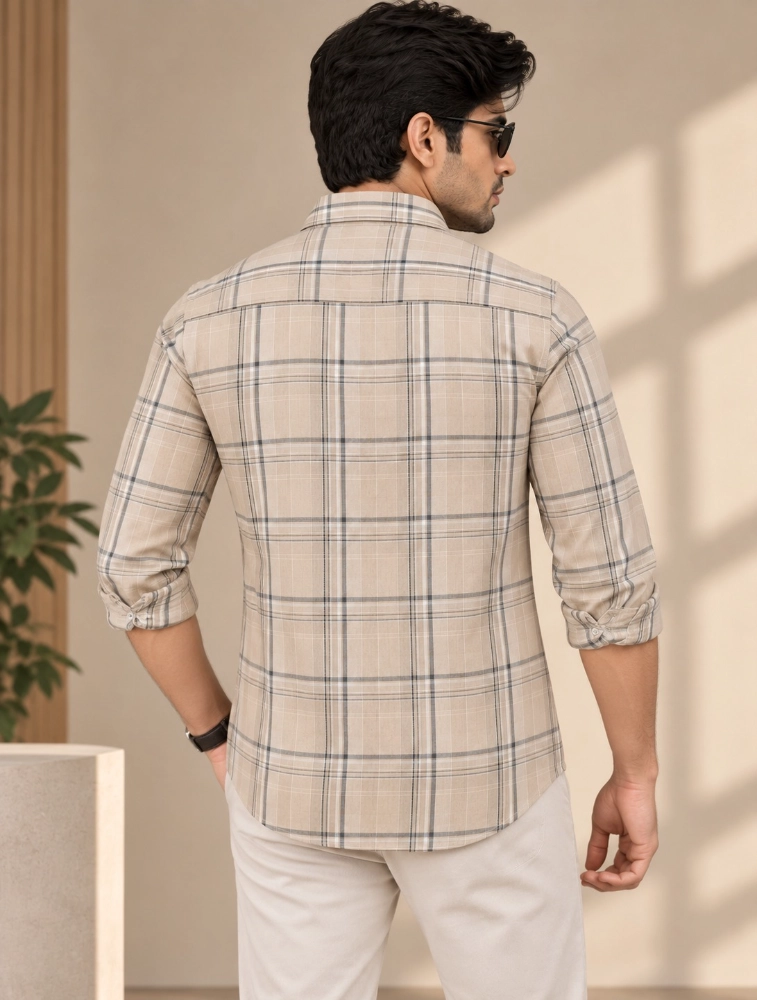 Beige Mens Slim Fit Checks Casual Shirt