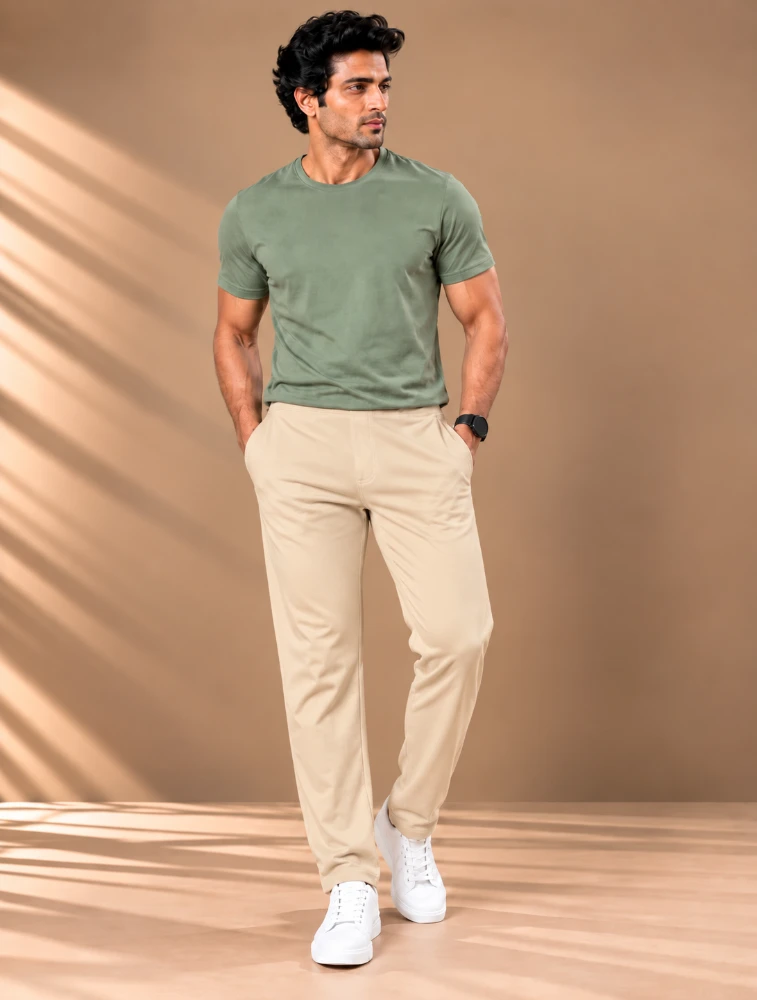 Beige Oreas Mens Peanut Fabric Comfort Stretch Trousers
