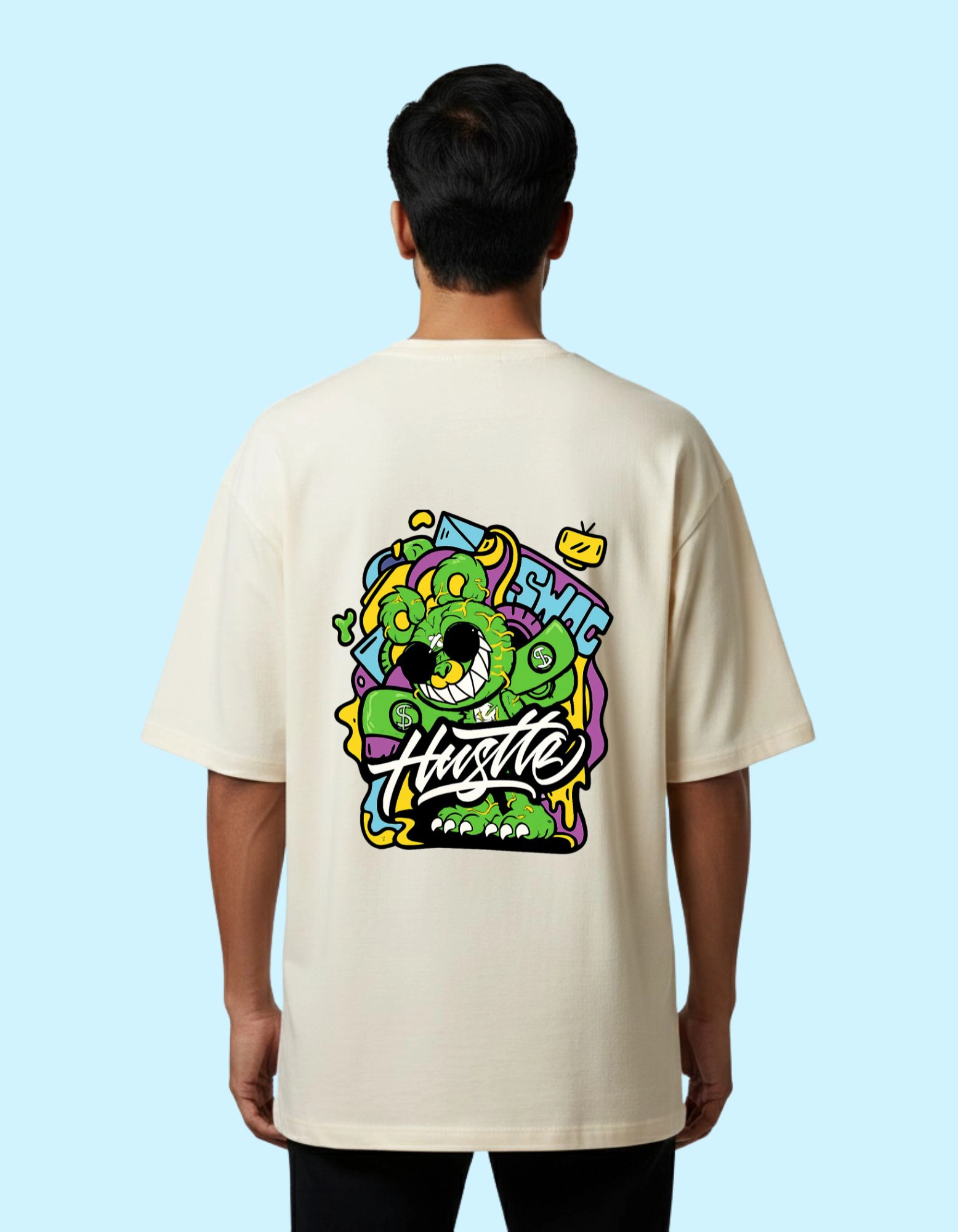 Hustle Graphic Oversized French Terry Cotton T-Shirt 240 GSM  Beige