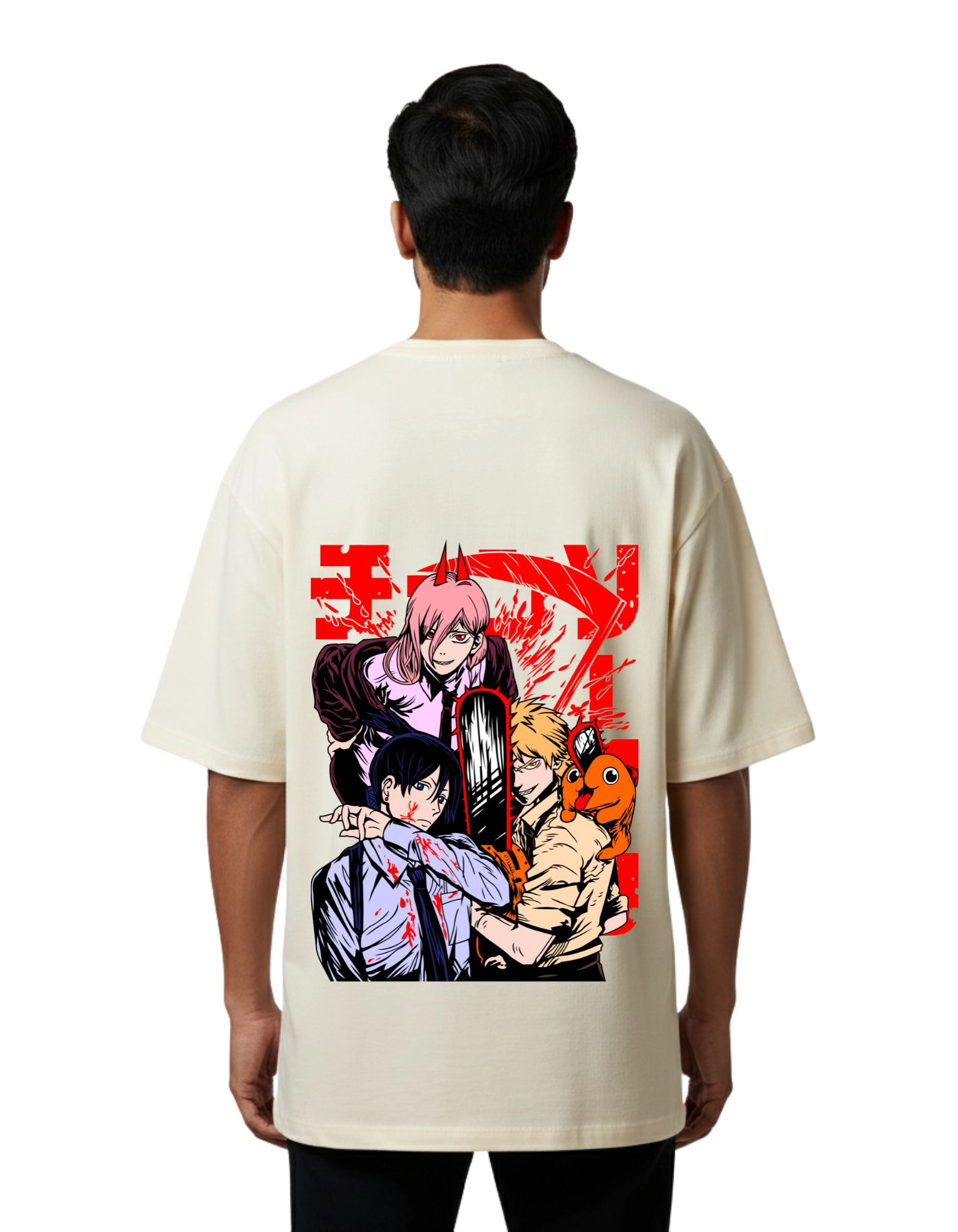 One Piece Chainsaw Squad Oversized Cotton French Terry T-Shirt 240 GSM Half Sleeve Beige 