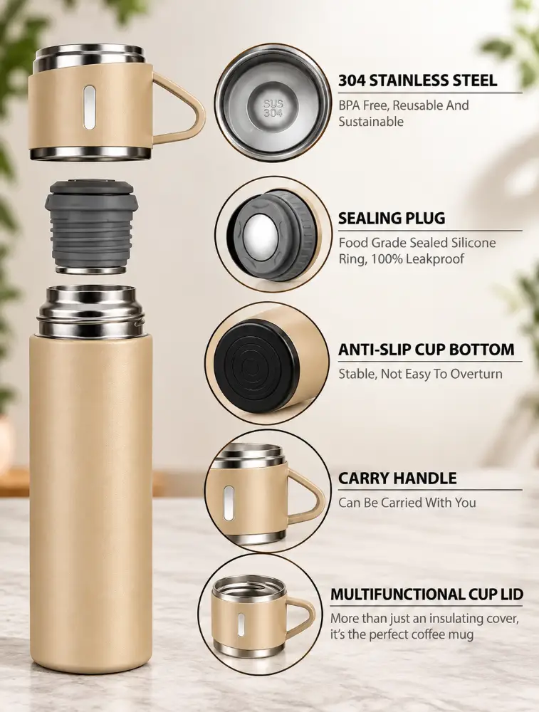 Beige Stainless Steel Vacuum Flask Set 