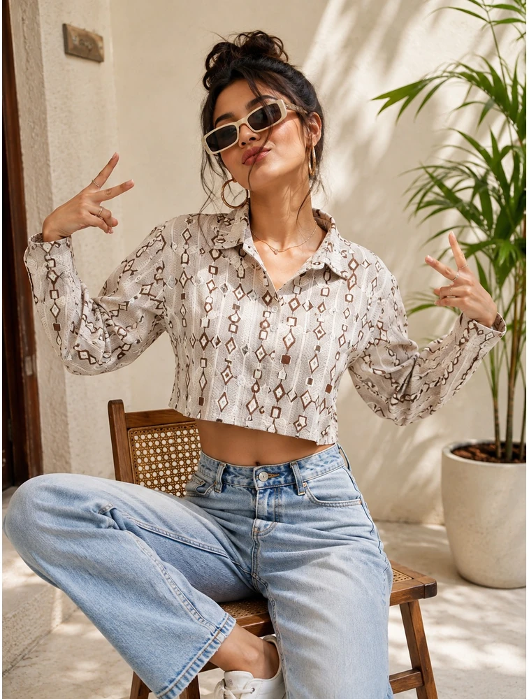 Beige Western Women Daimond Embroidered CropTop