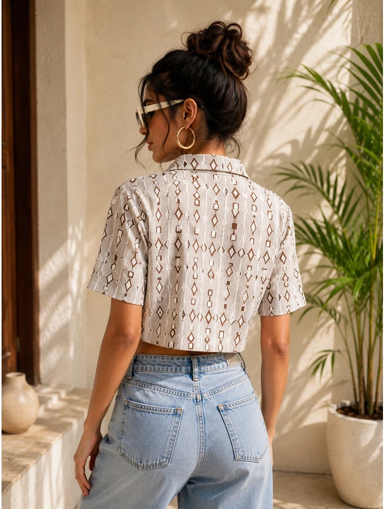 Beige Western Women Daimond Embroidered CropTop