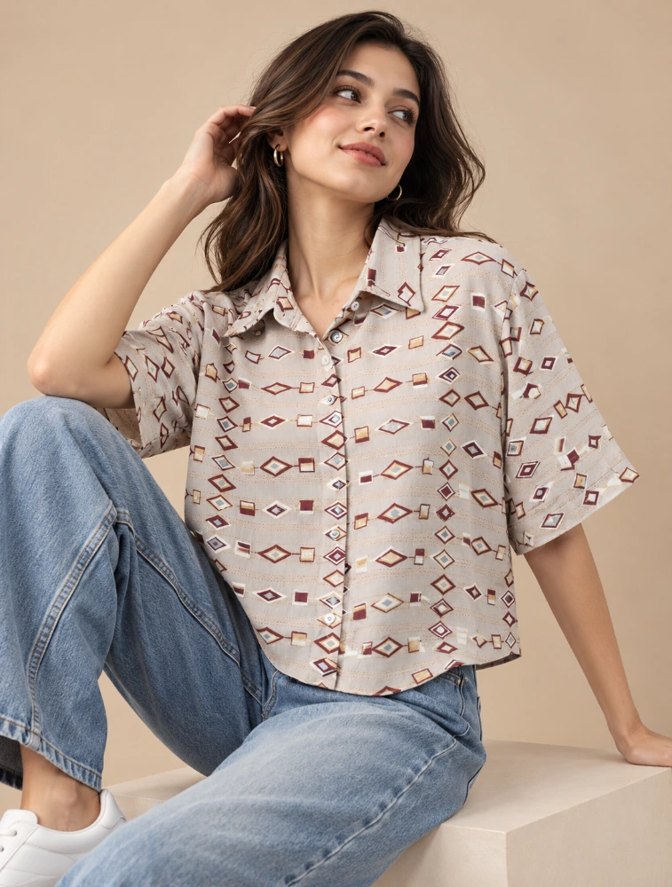 Beige Western Women Diamond Embroidered Oversized CropTop