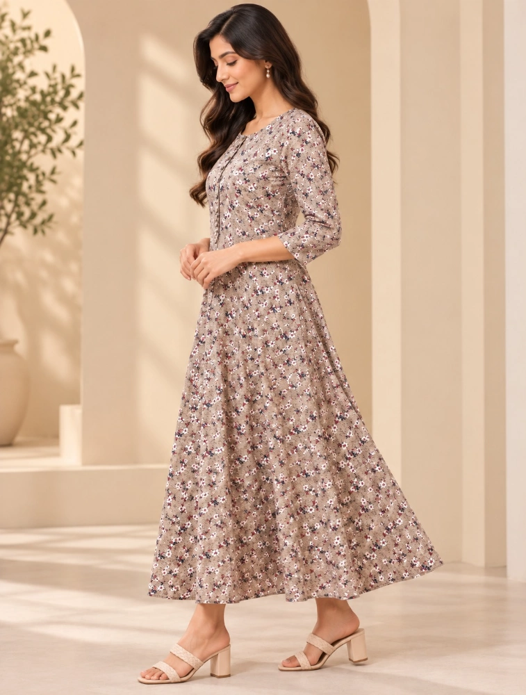 Beige Women Ethnic Motifs Printed Floral Kurta 