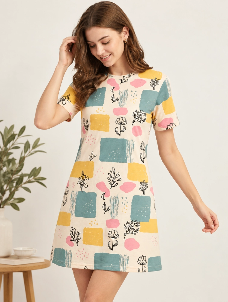 Beige Womens Botanical Print Long Top