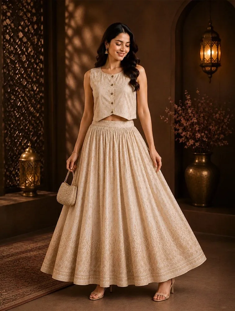 Beige Womens Ethnic Prined Co Ord Set