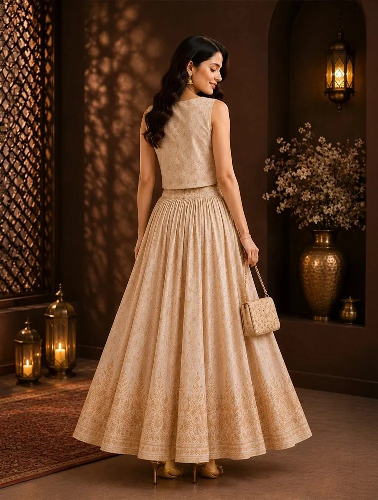 Beige Womens Ethnic Prined Co Ord Set
