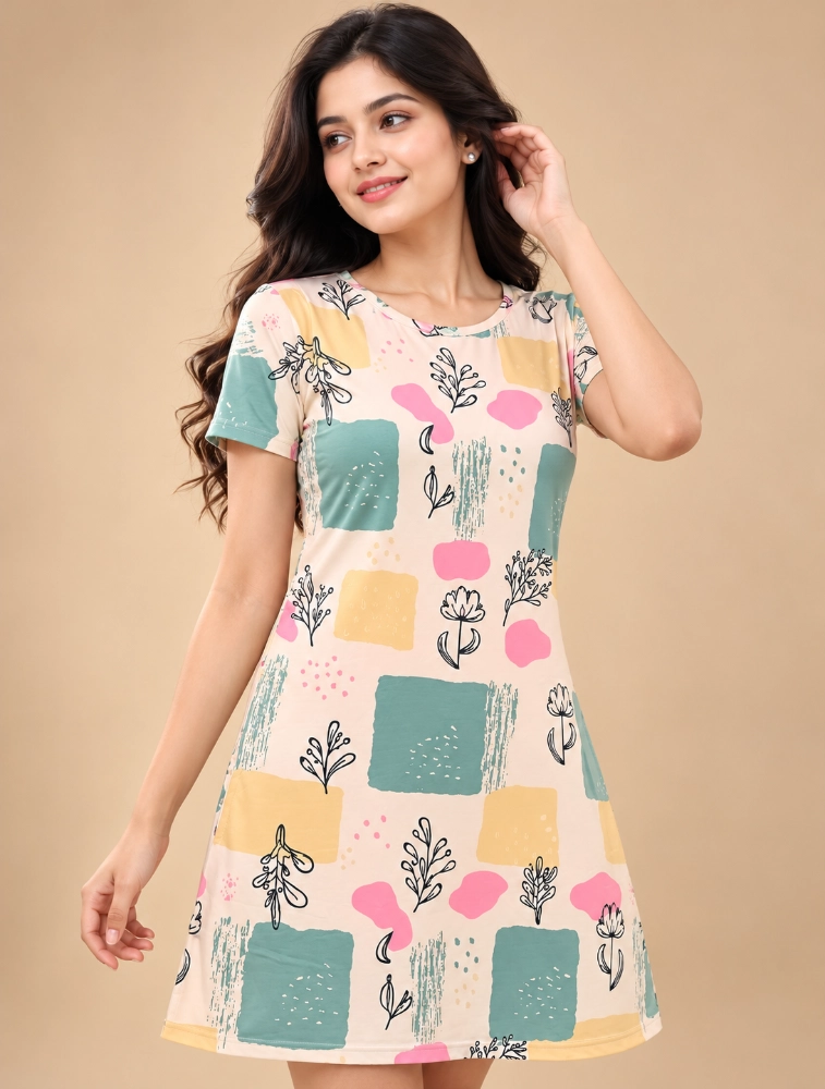 Beige Womens Printed Knee Length Sleepwear