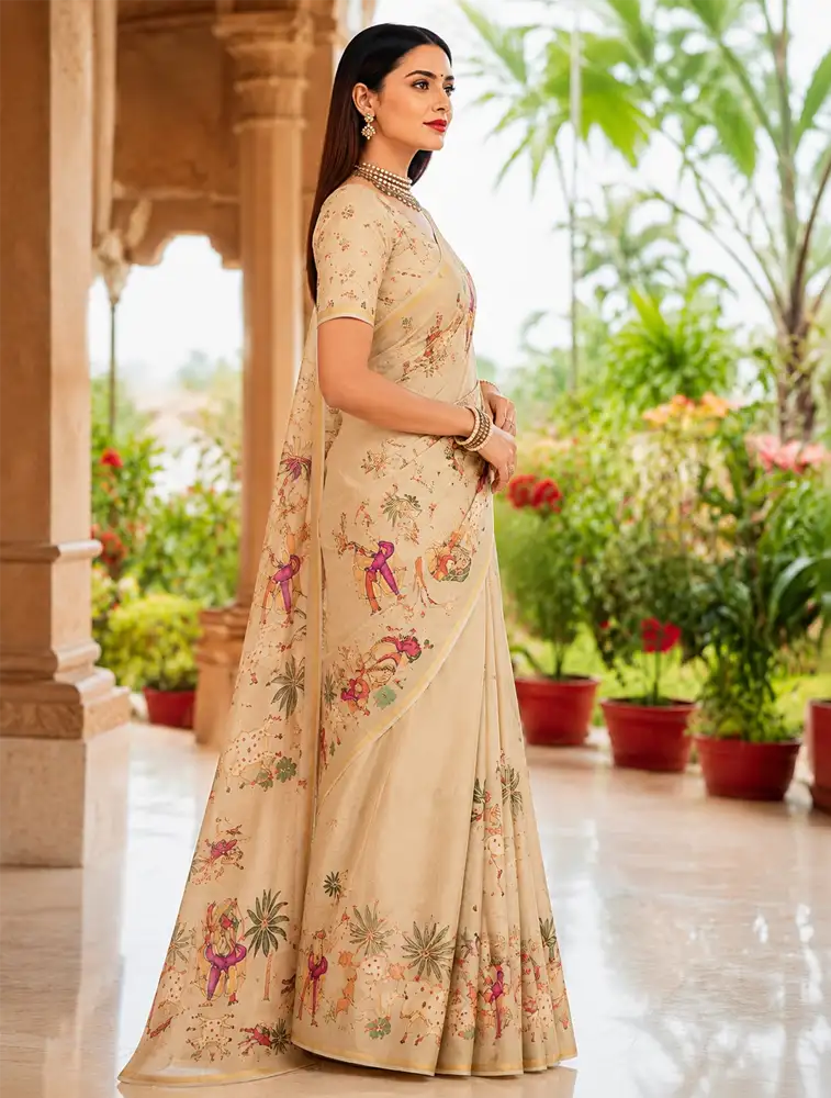 Beige Womens Printed Pure Linen Comfort Sarees 