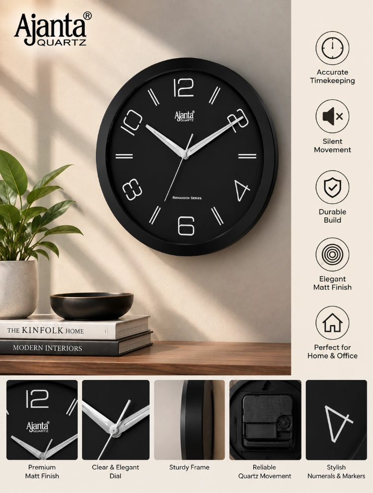Black Ajanta Luxe Crown Premium Round Wall Clock 2377
