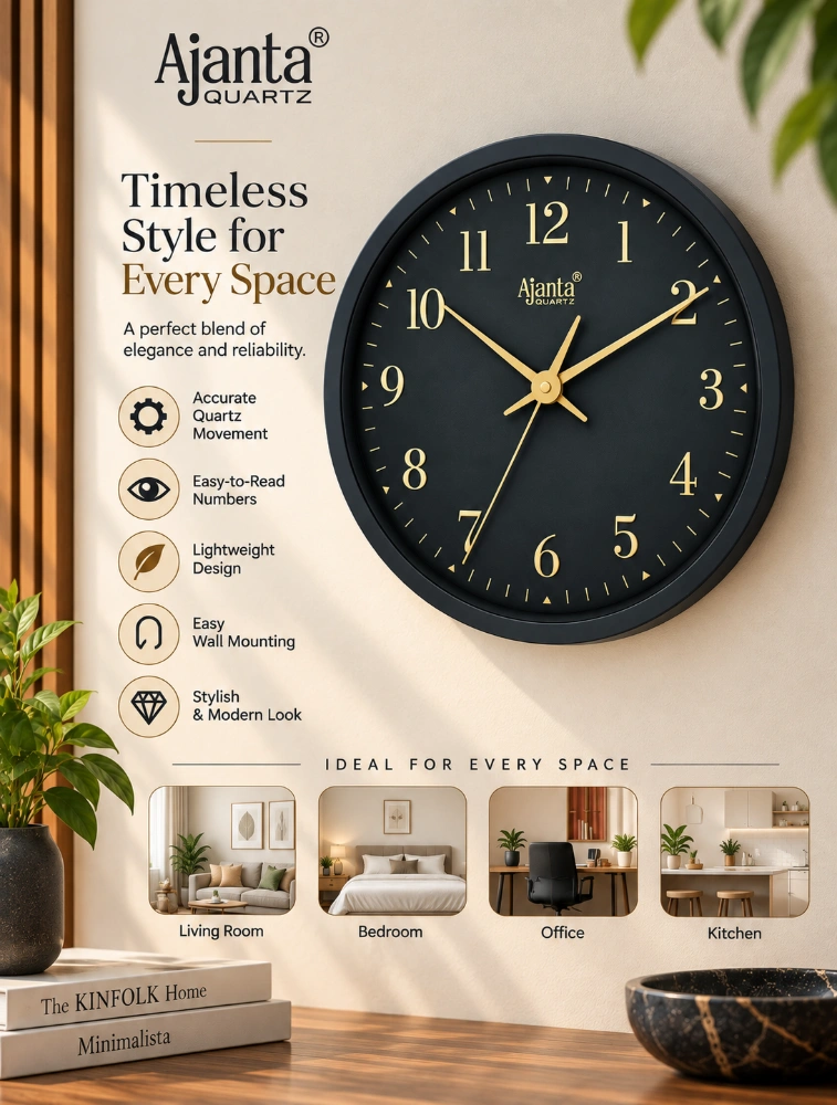 Black Ajanta Round Crownline Wall Clock 4137