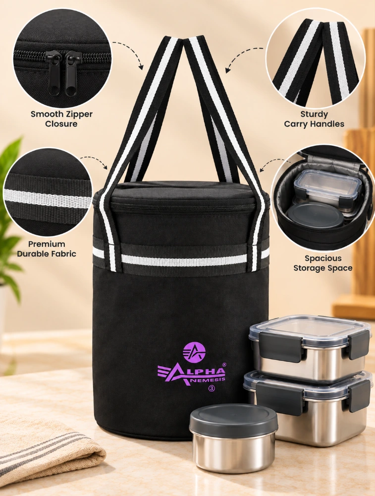 Black Alpha Nemesis Round Large Compact Everyday Lunch Bag