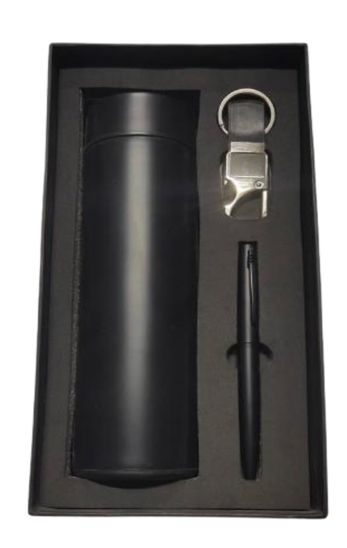 Black Temperature Display Bottle, Pen & Metal Key Chain Corporate Gift Combo