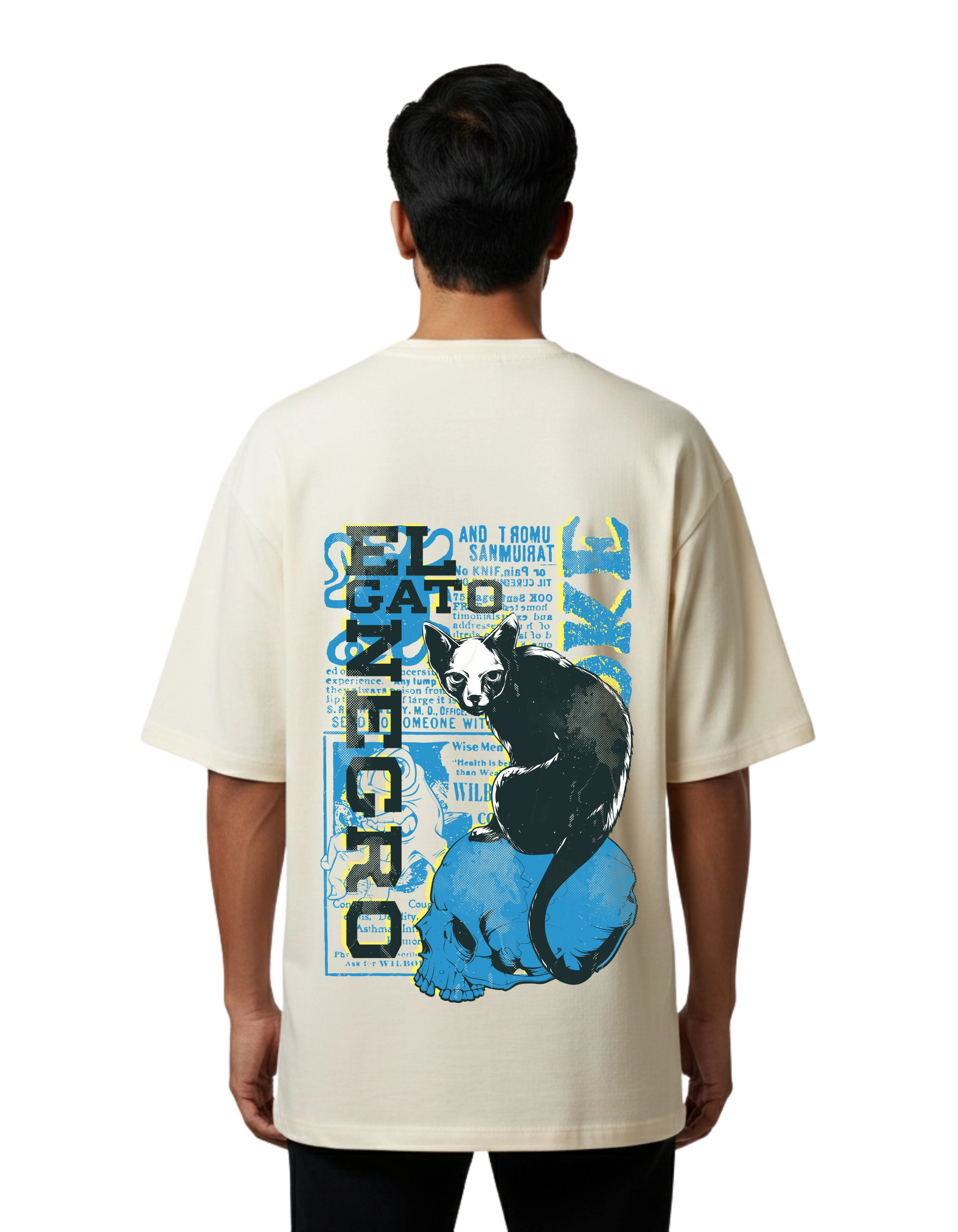 Black Cat Skull Oversized French Terry T-Shirt 240 GSM Half Sleeve Beige