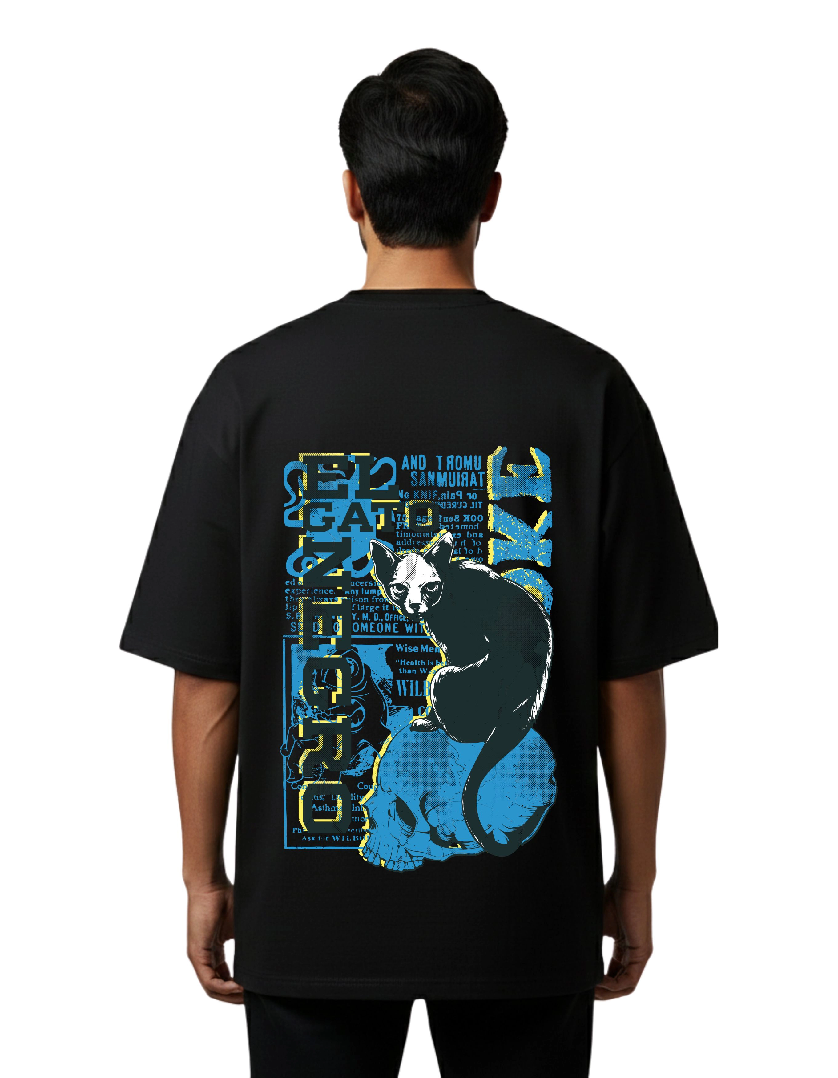Black Cat Skull Oversized French Terry T-Shirt 240 GSM Half Sleeve Black