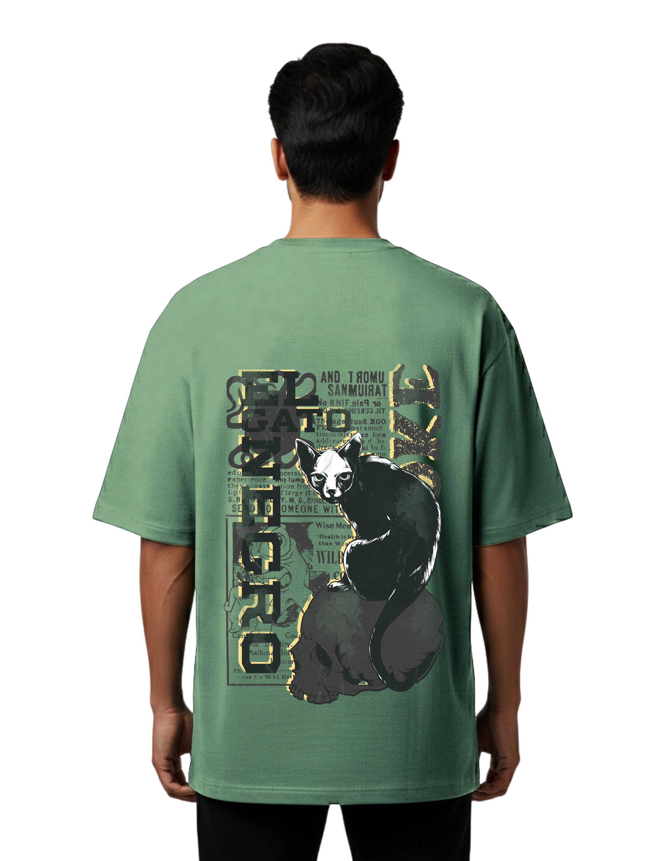 Black Cat Skull Oversized French Terry T-Shirt 240 GSM Half Sleeve D Green