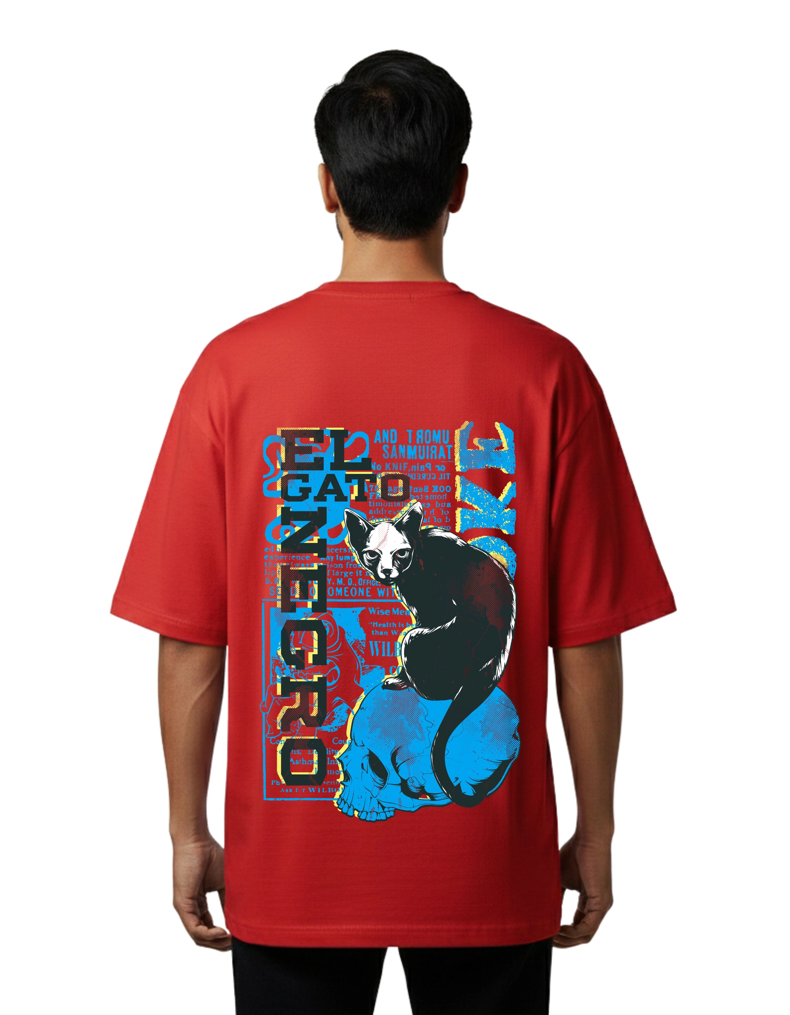 Black Cat Skull Oversized French Terry T-Shirt 240 GSM Half Sleeve Red