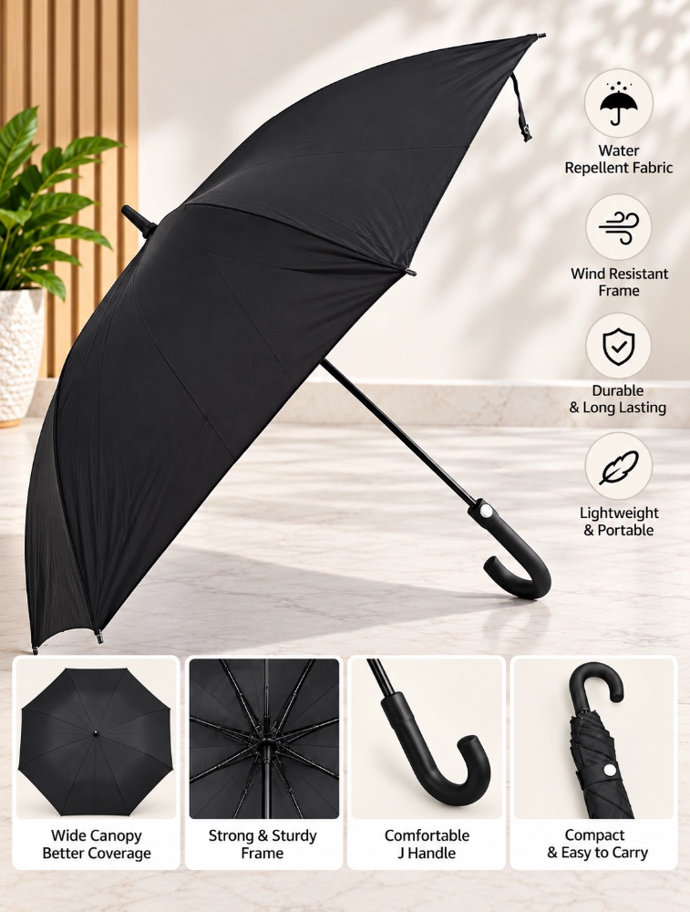 Black Classic J Handle Windproof Umbrella